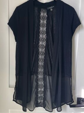 AUGUST SILK Black Sheer Lace-Back Open Cardigan | Large